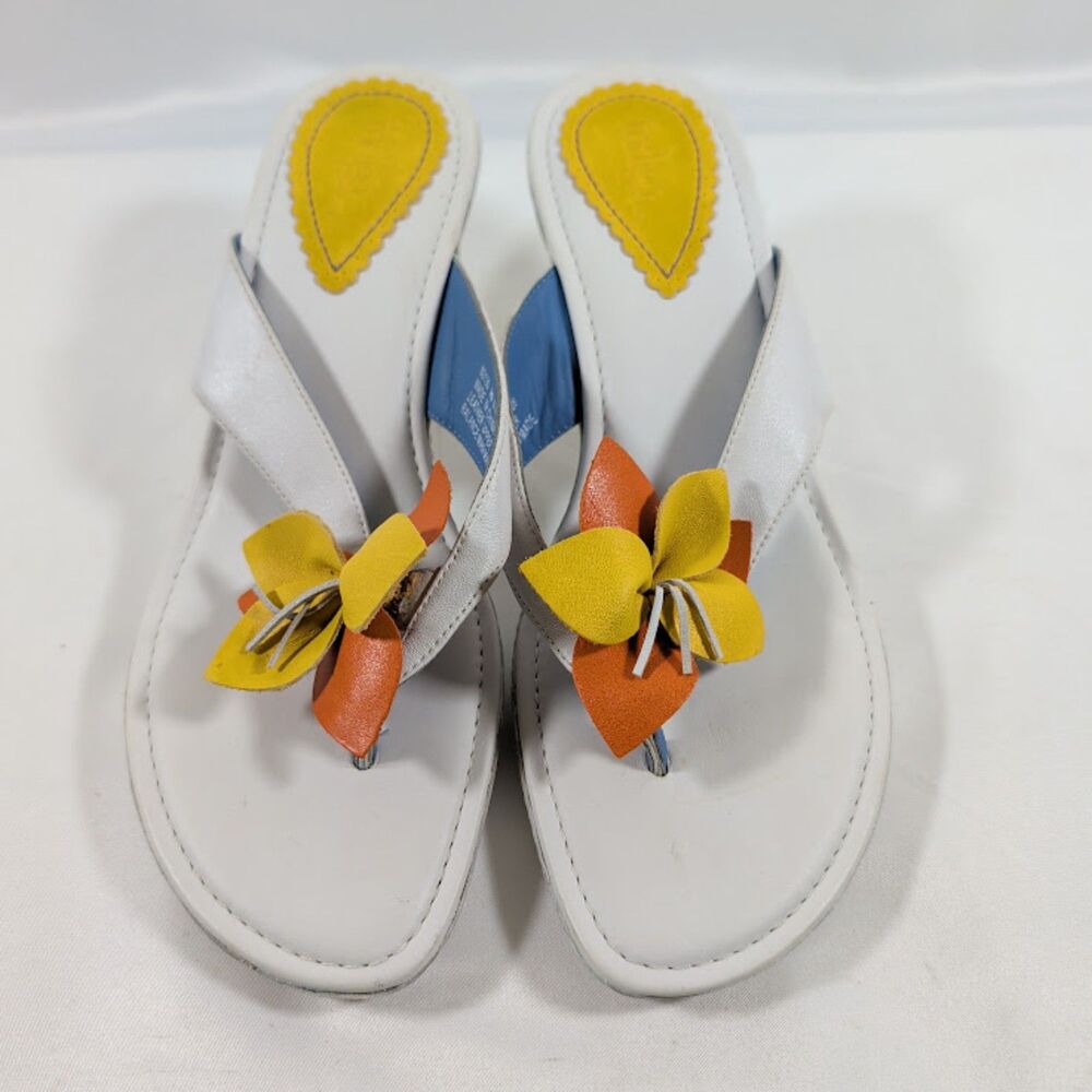 Indigo by Clarks Leather Wedge Flip Flop Sandals Floral White Women's 9M NWOT